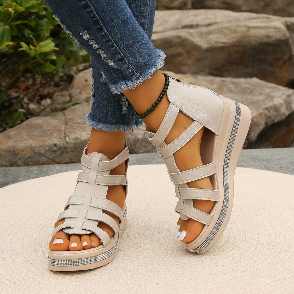 Irene | Rhinestone Wedge Sandals - Beige | Coziqe