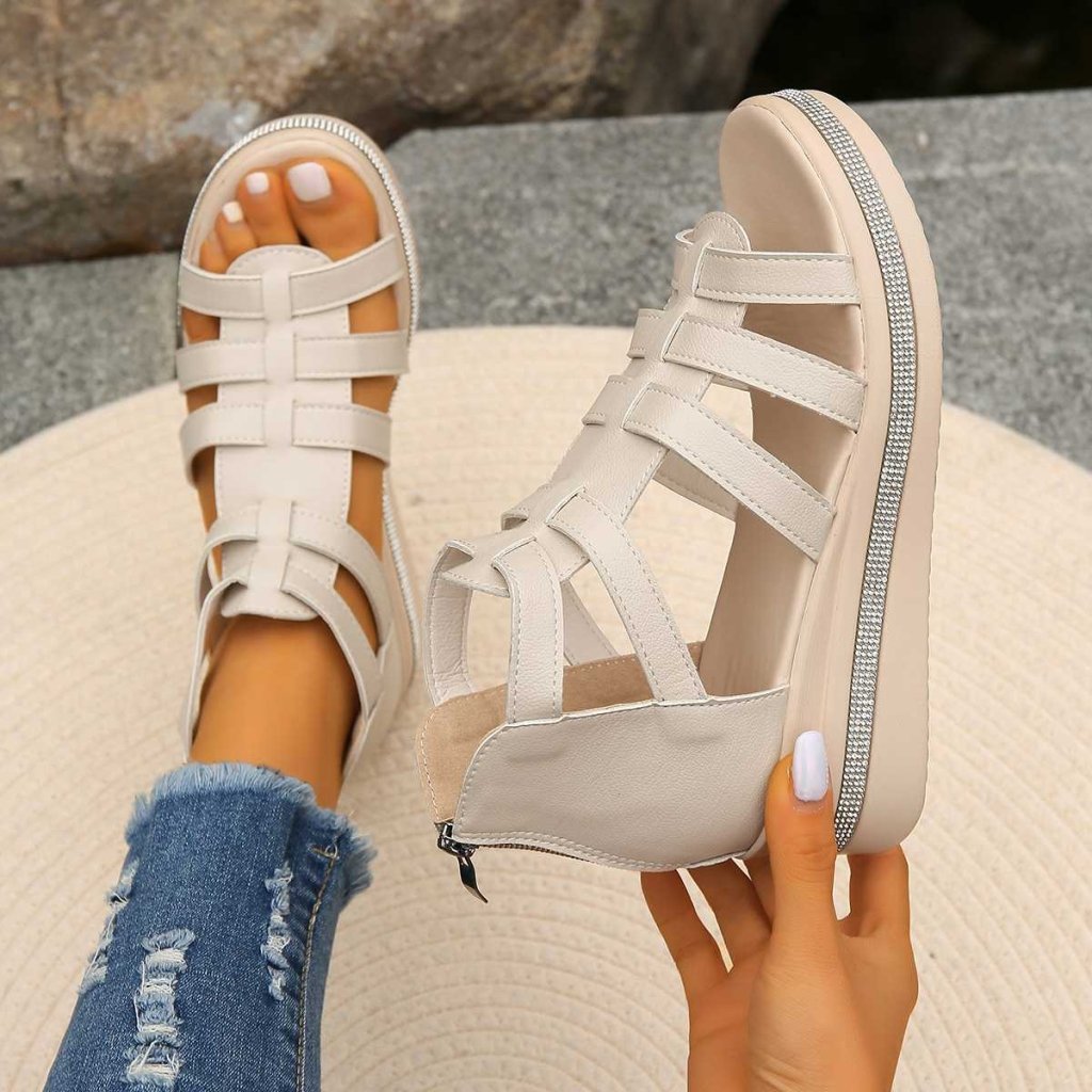 Irene | Rhinestone Wedge Sandals - Beige | Coziqe