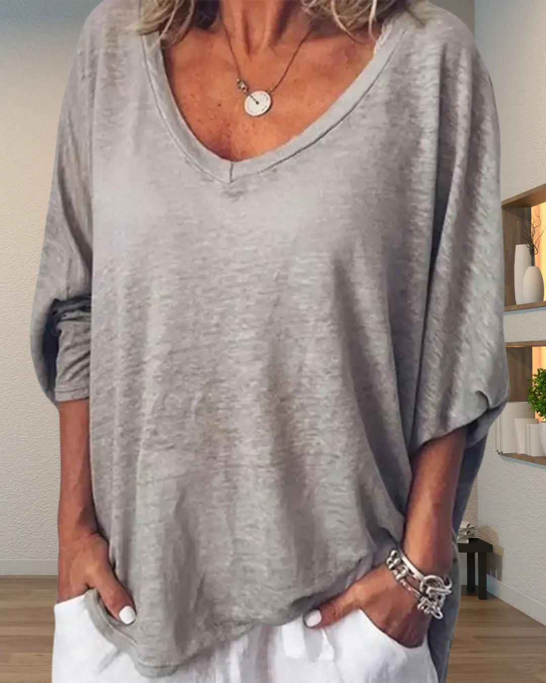 Loose V-neck 3/4 Sleeve T-shirt – Lightweight & breathable