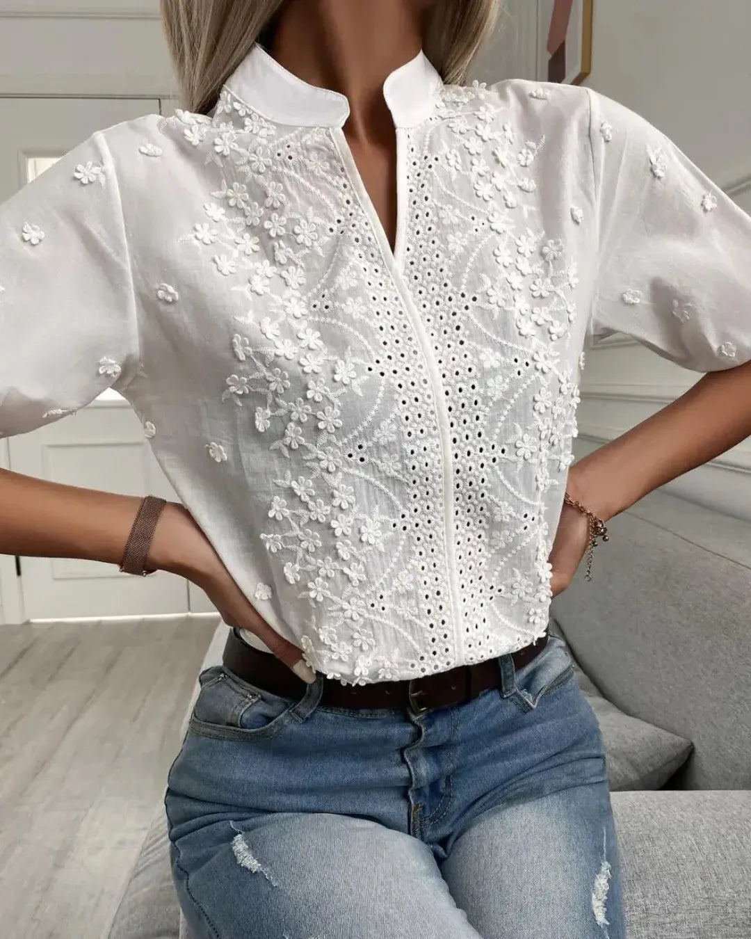 Embroidered White Cotton Blouse with Mandarin Collar
