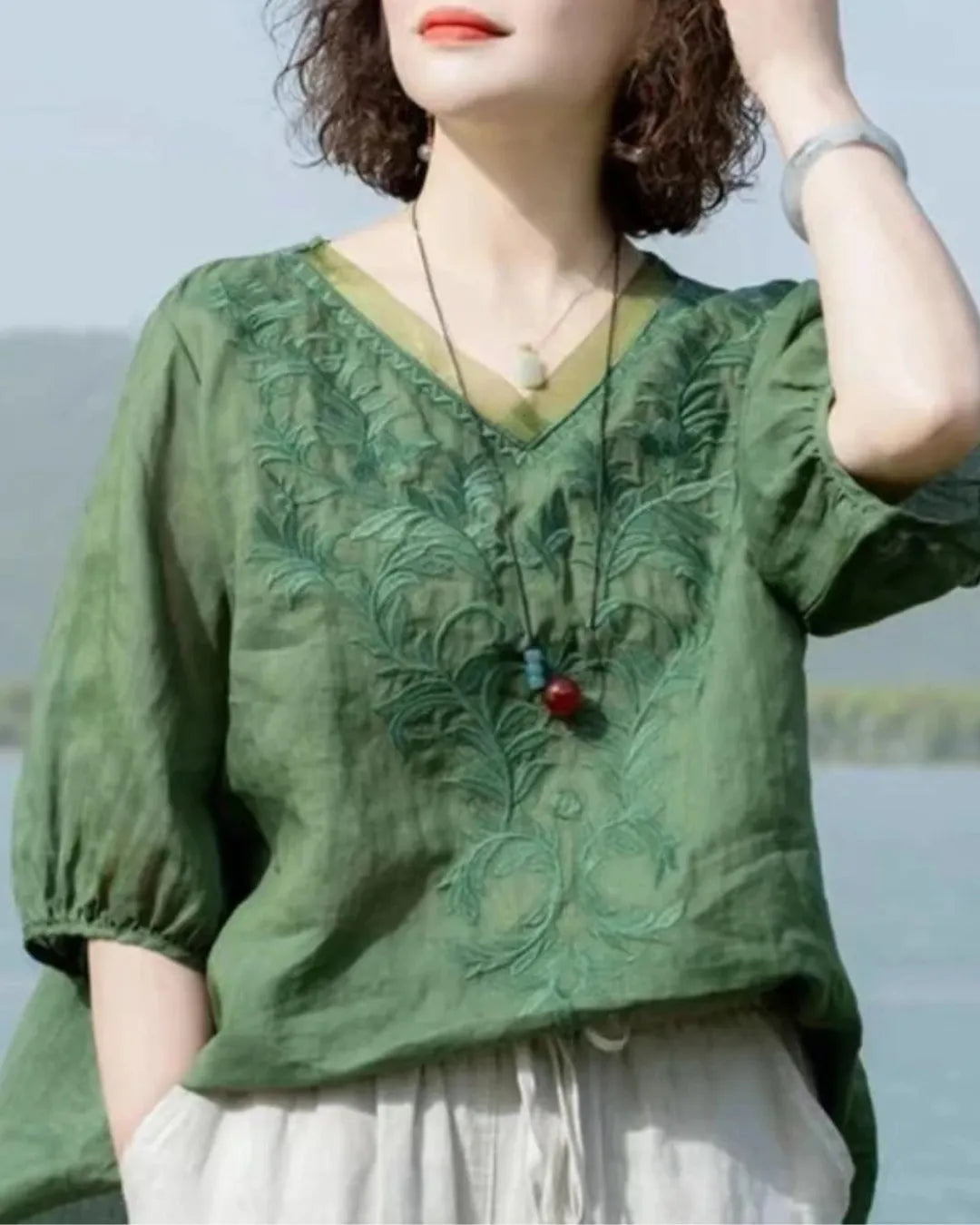 Embroidered V-Neck Linen Cotton Blouse