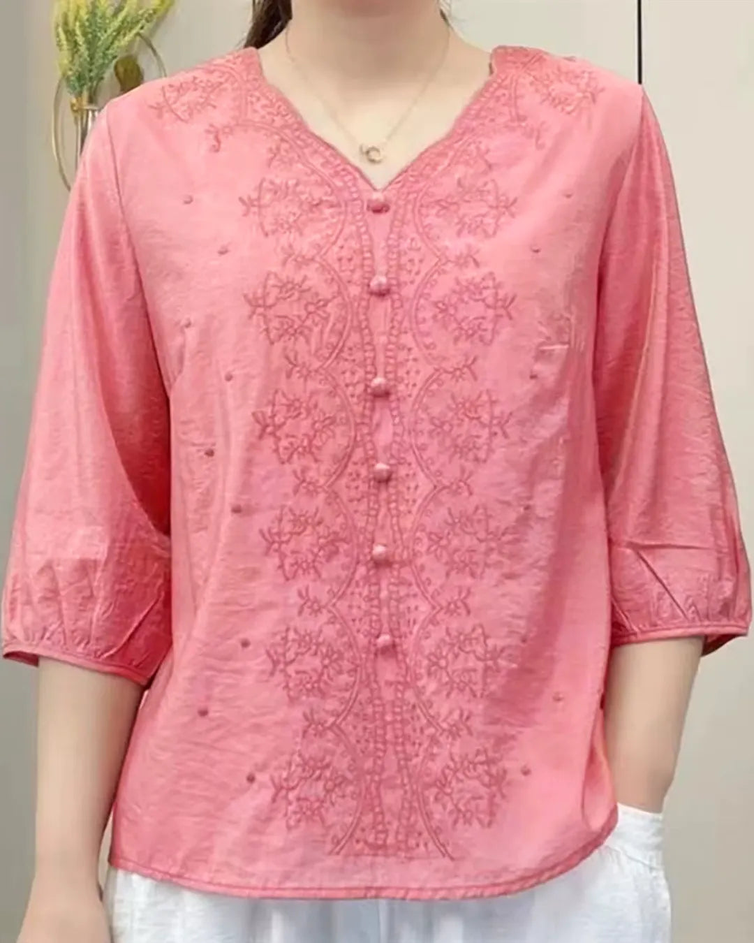Embroidered Blouse with Covered Buttons and 3/4 Sleeves