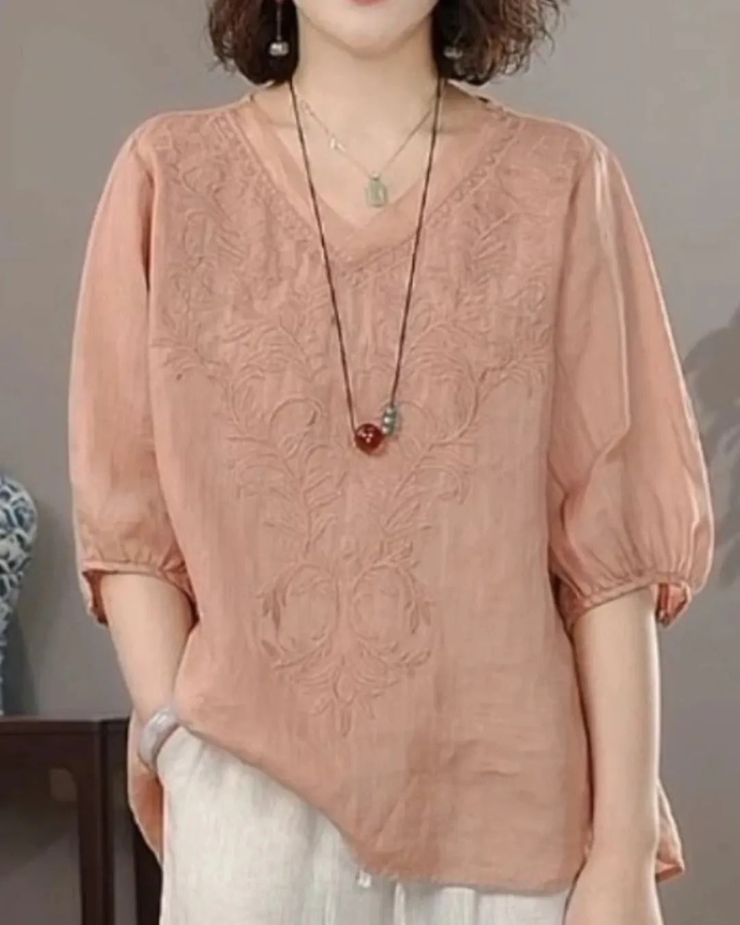 Embroidered V-Neck Linen Cotton Blouse