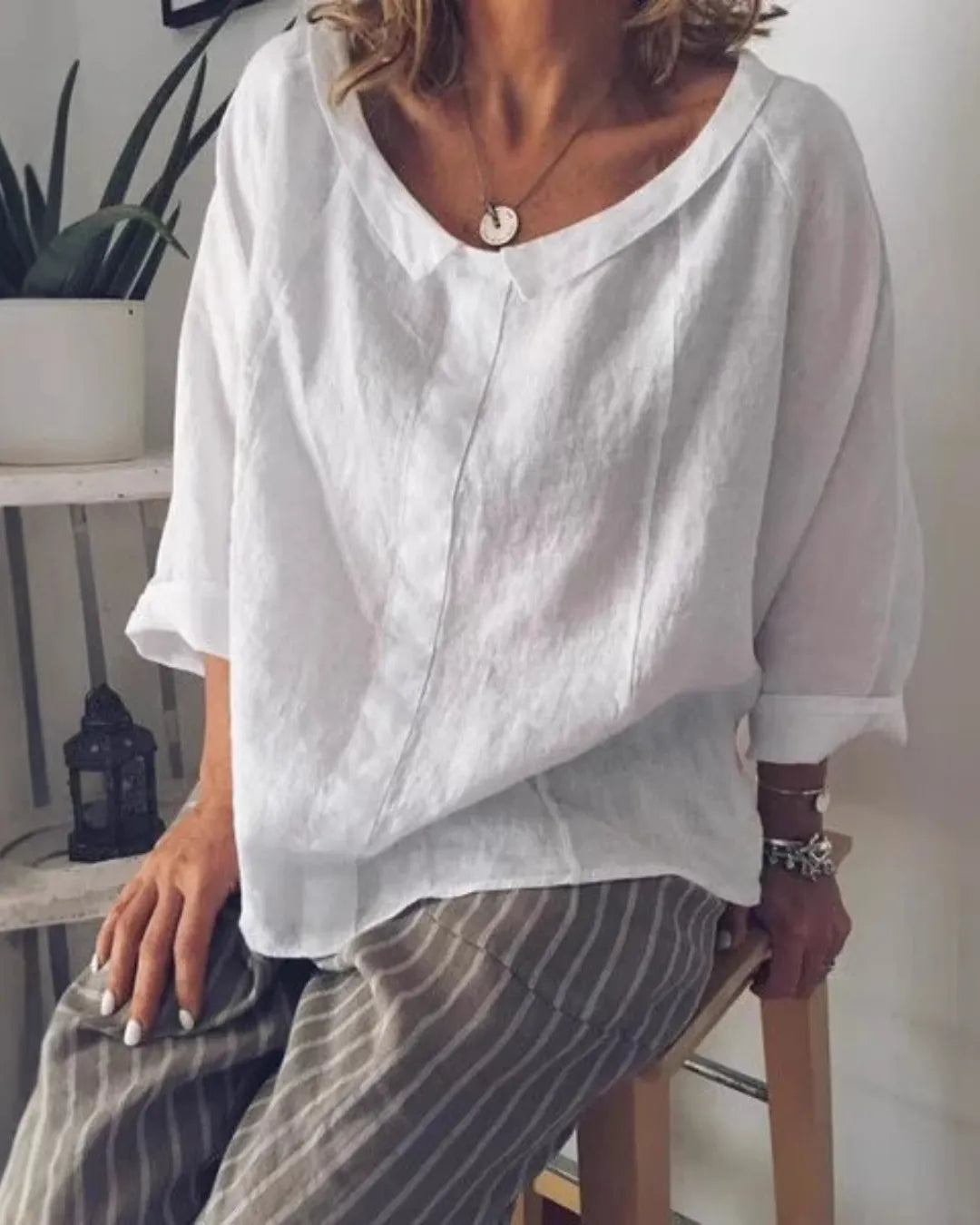 Lightweight Cotton V-Neck Loose Shirt – Long Sleeve Relaxed Fit