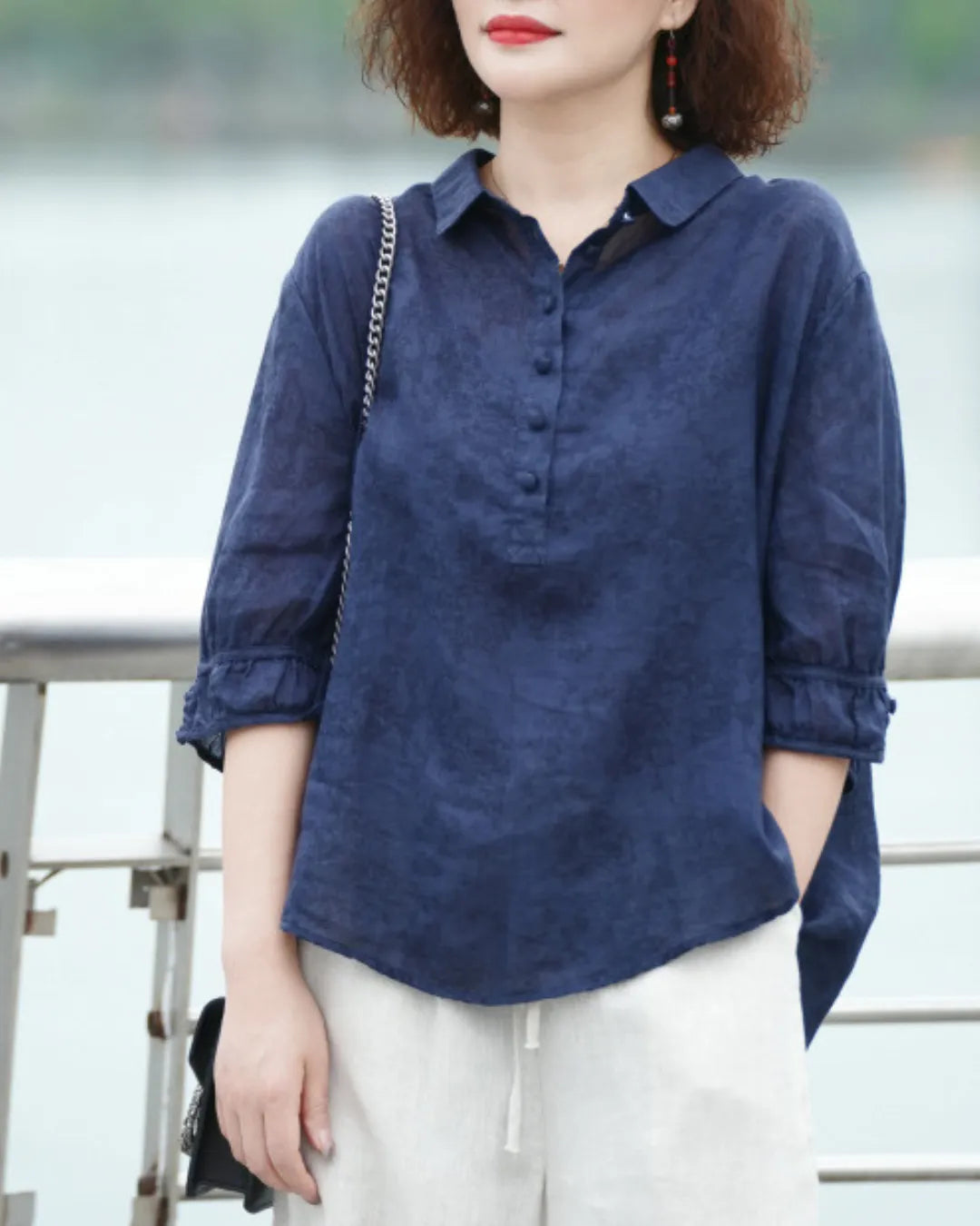 Blouse Col Chemise en Jacquard Léger