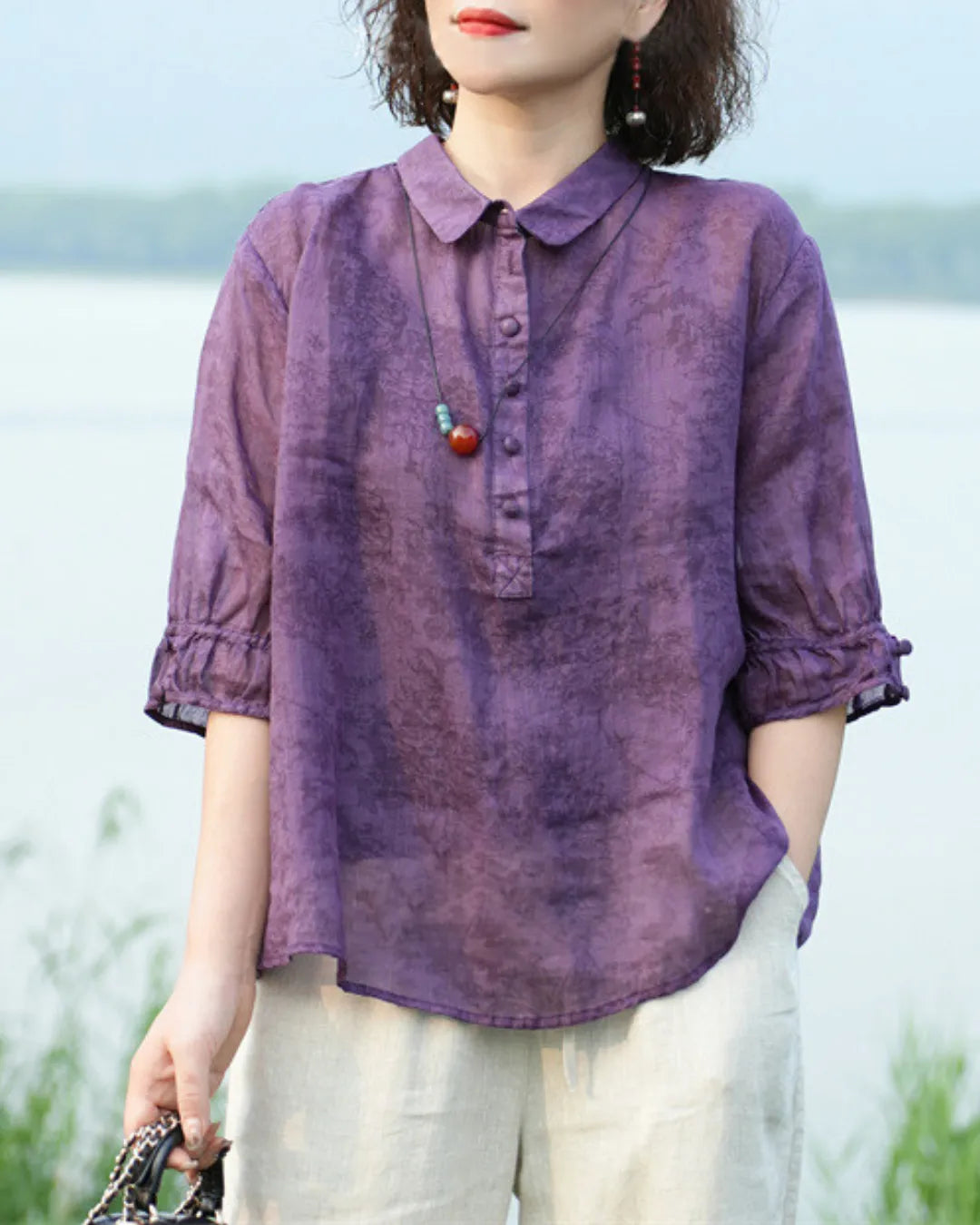 Blouse Col Chemise en Jacquard Léger