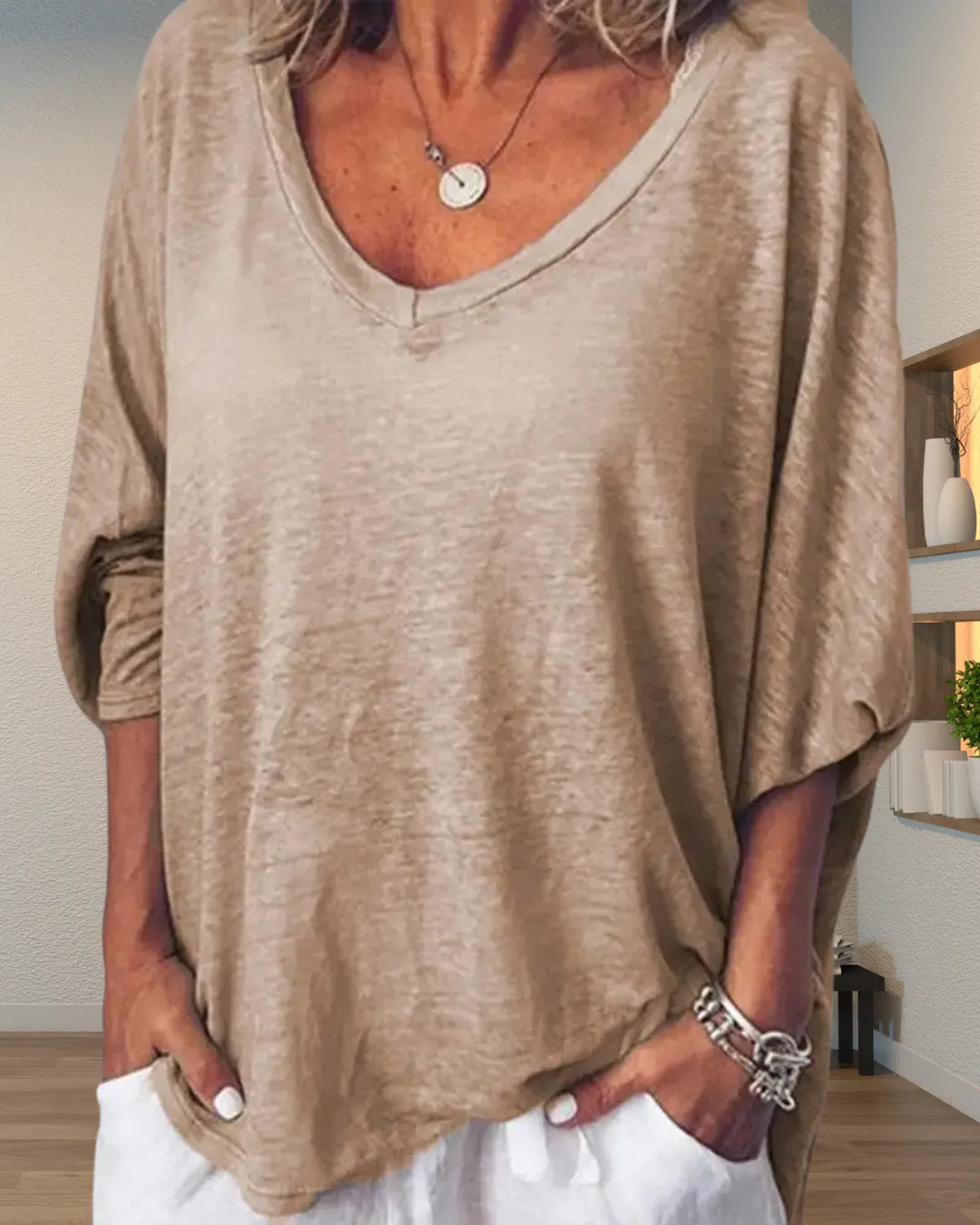 Loose V-neck 3/4 Sleeve T-shirt – Lightweight & breathable