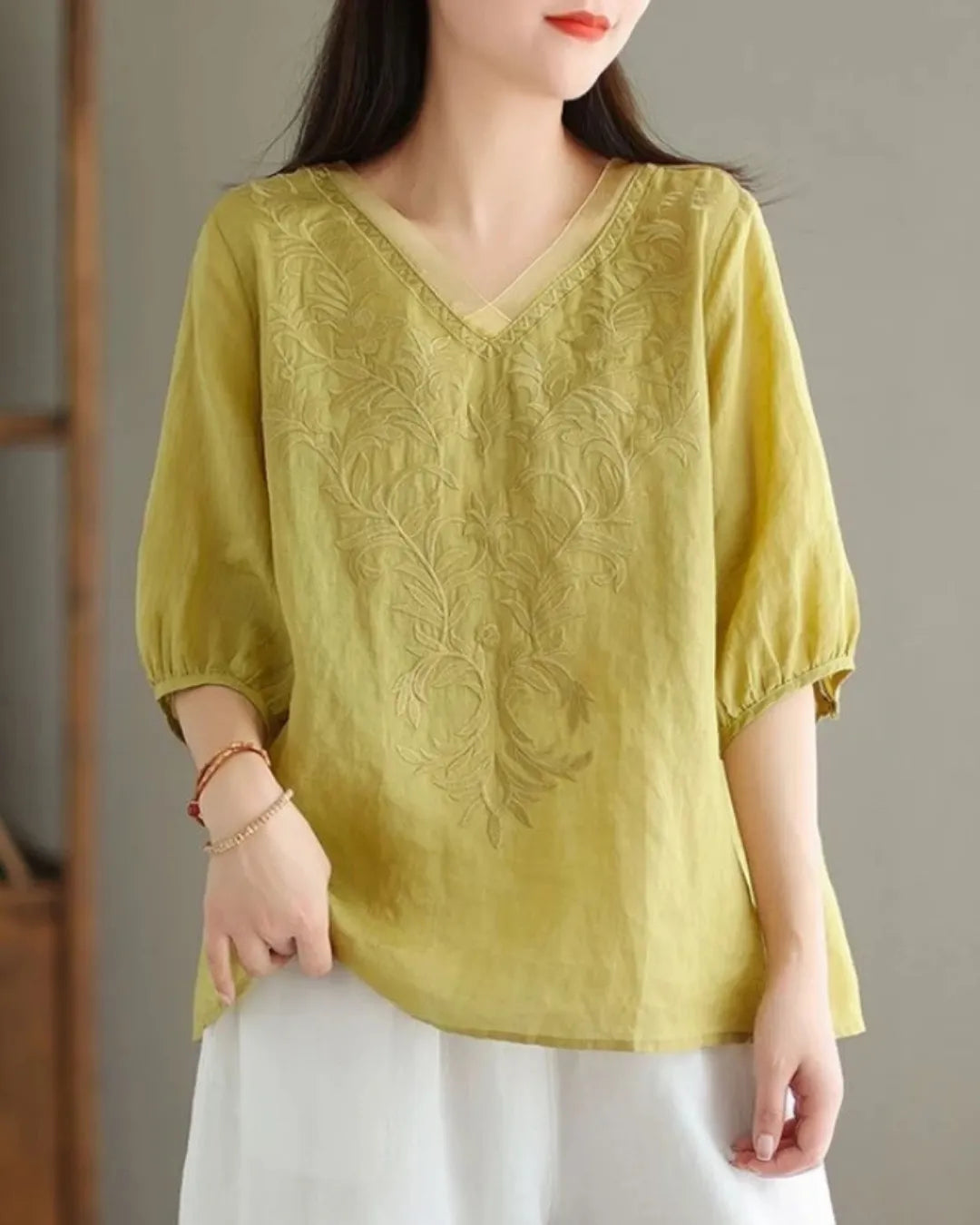 Embroidered V-Neck Linen Cotton Blouse