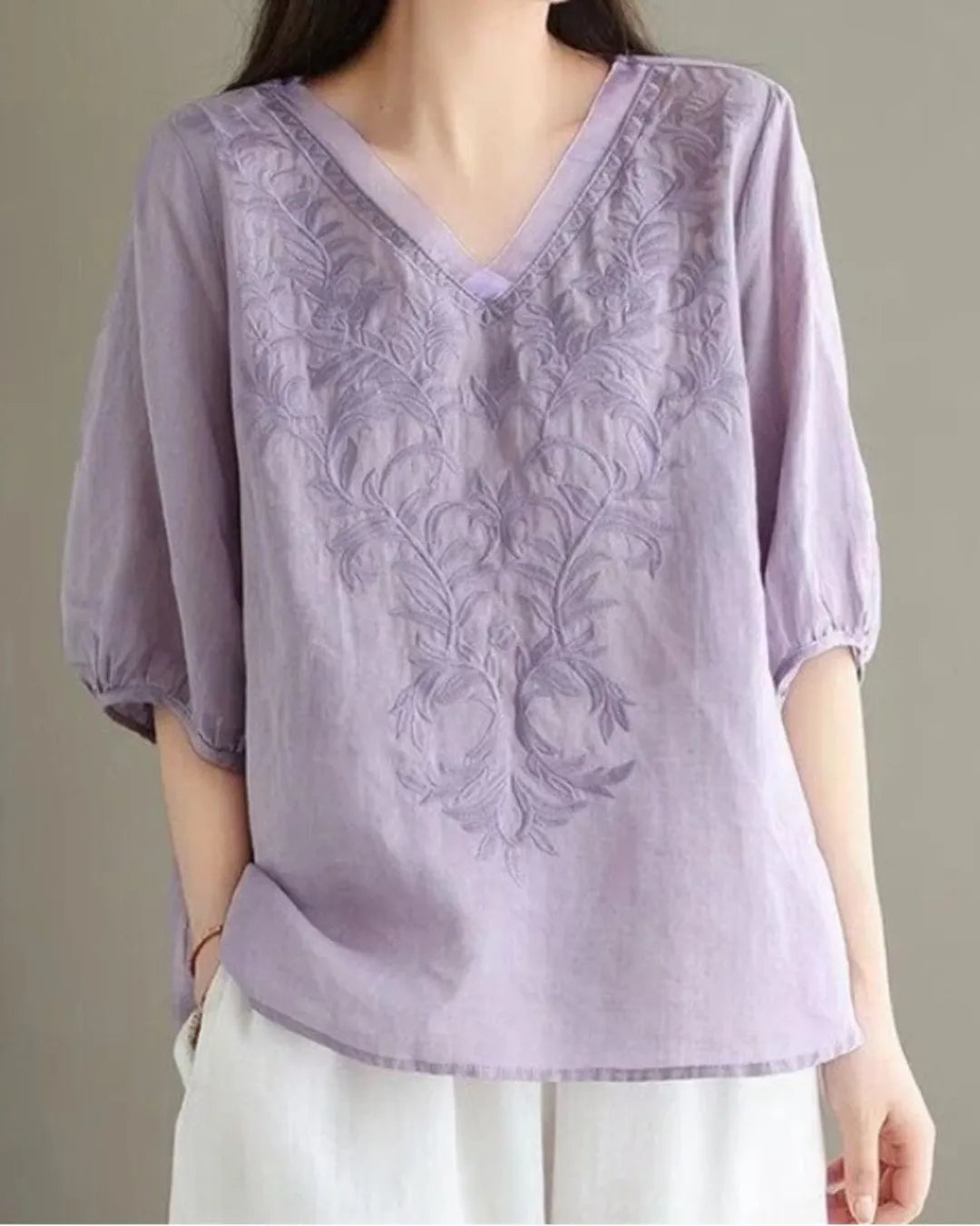 Embroidered V-Neck Linen Cotton Blouse