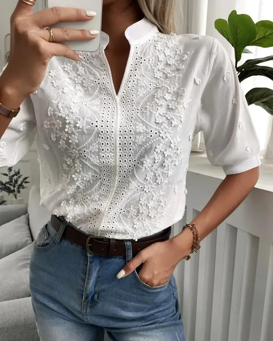 Embroidered White Cotton Blouse with Mandarin Collar