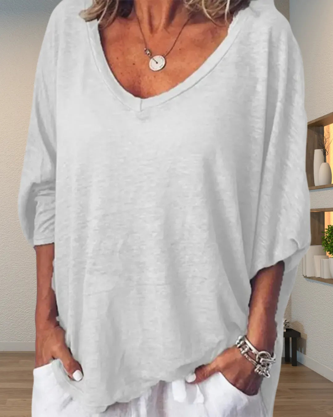 Loose V-neck 3/4 Sleeve T-shirt – Lightweight & breathable