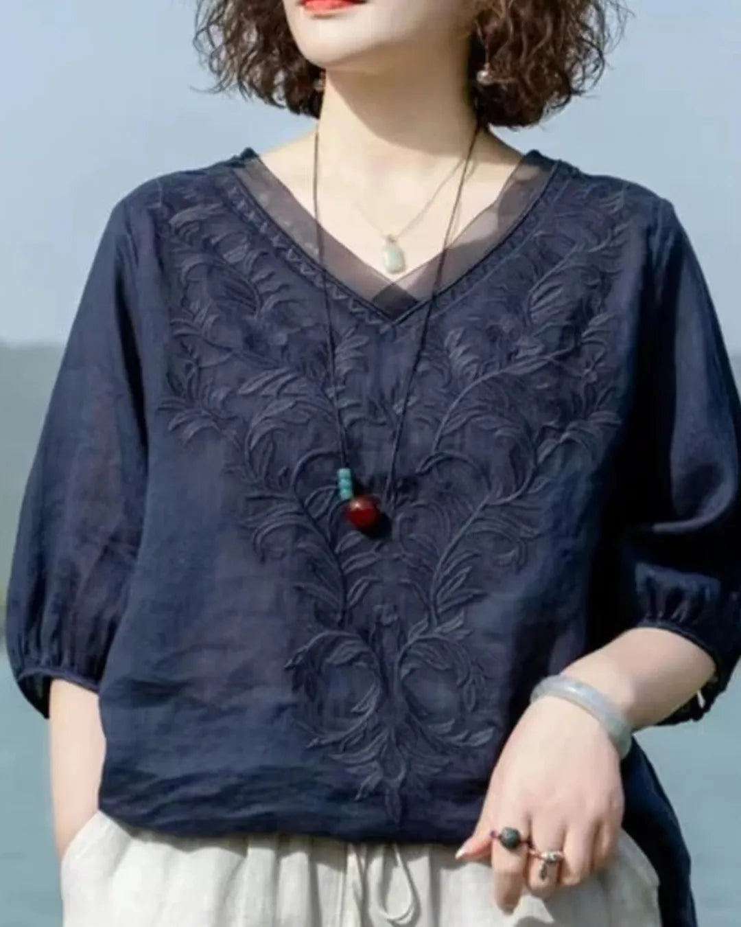 Embroidered V-Neck Linen Cotton Blouse