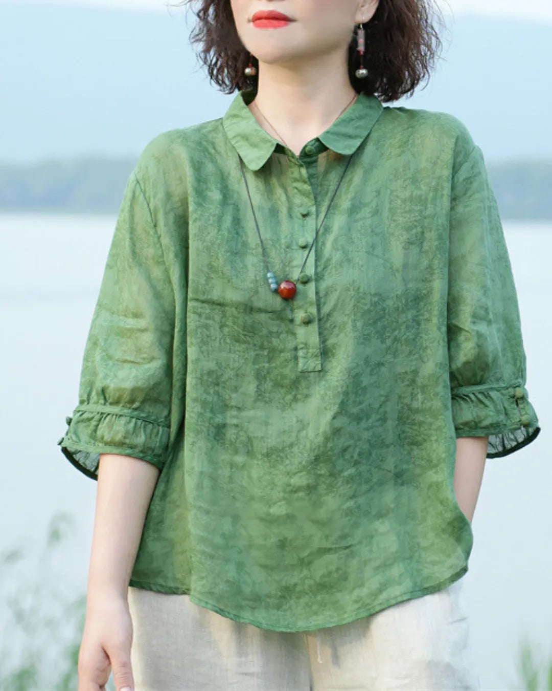 Blouse Col Chemise en Jacquard Léger