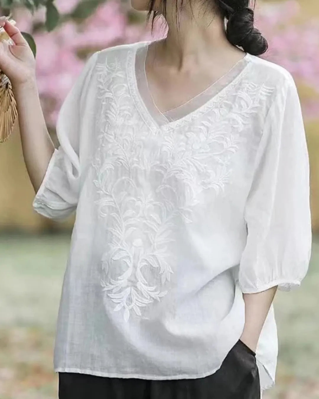 Embroidered V-Neck Linen Cotton Blouse