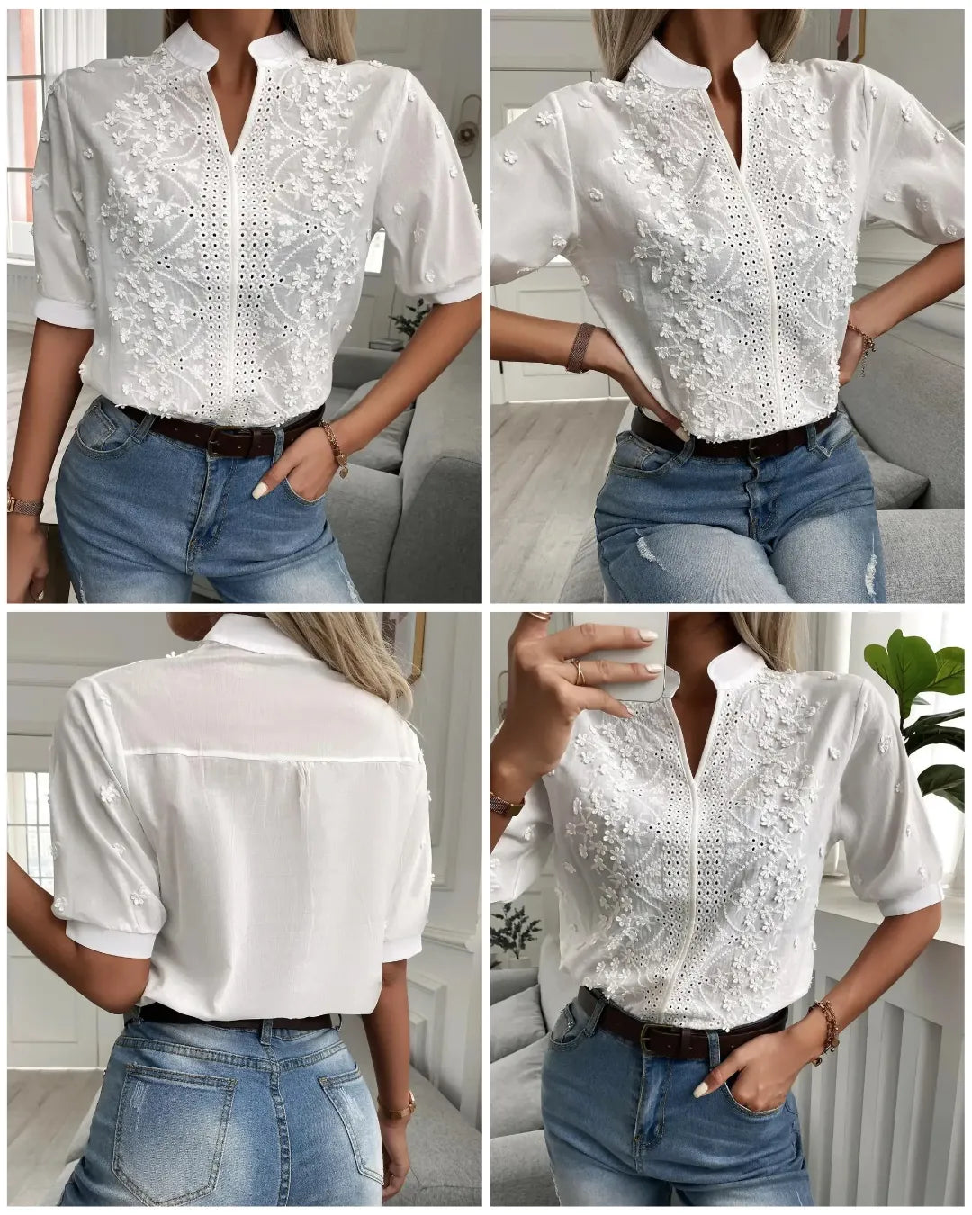Embroidered White Cotton Blouse with Mandarin Collar