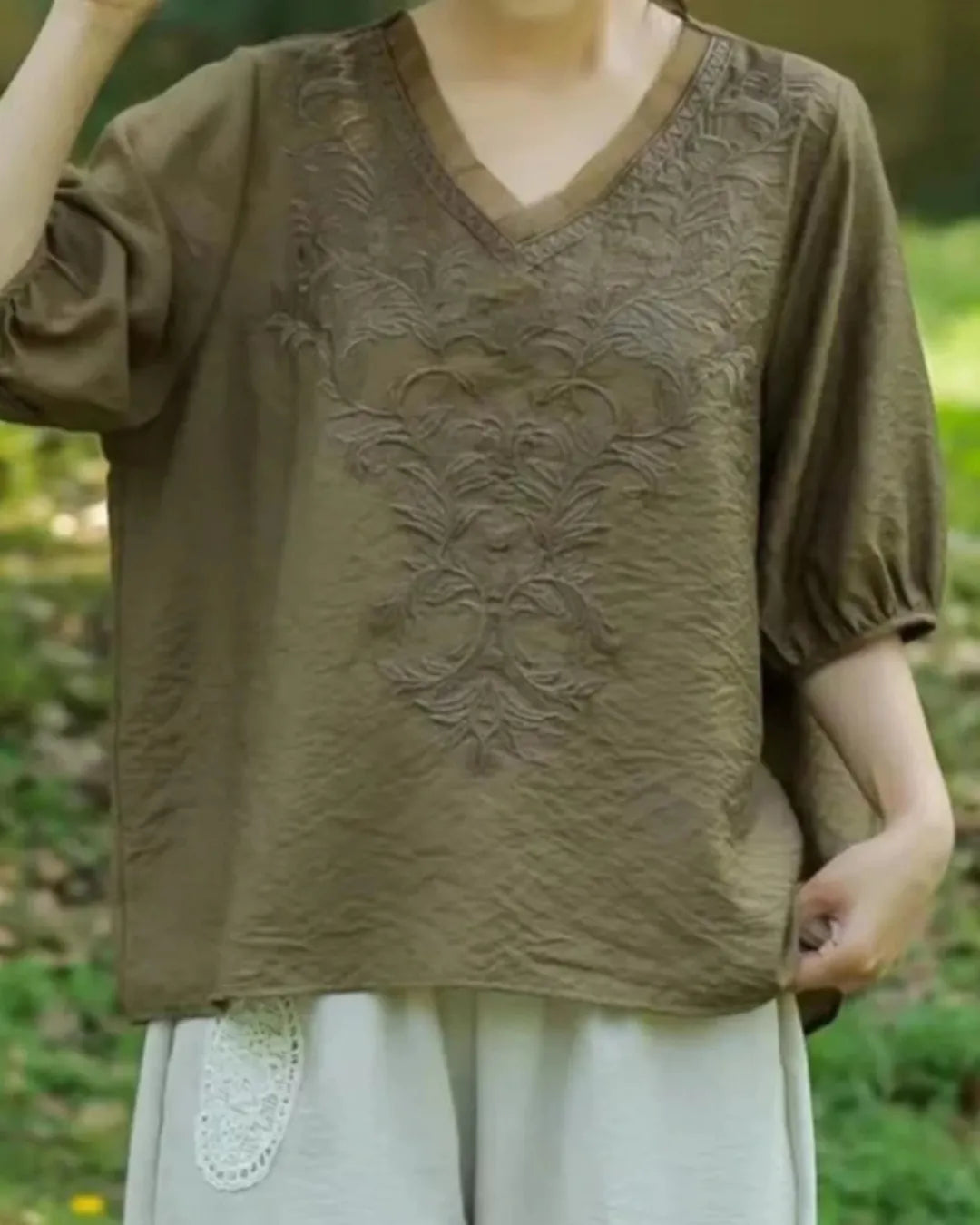 Embroidered V-Neck Linen Cotton Blouse