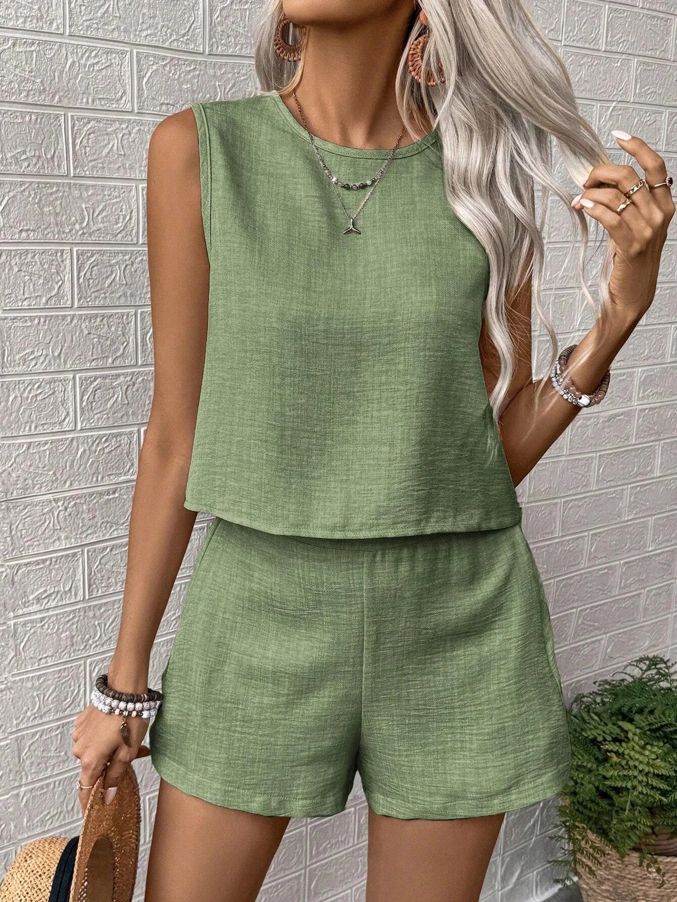 Casual Sleeveless Top + High Waist Shorts Set