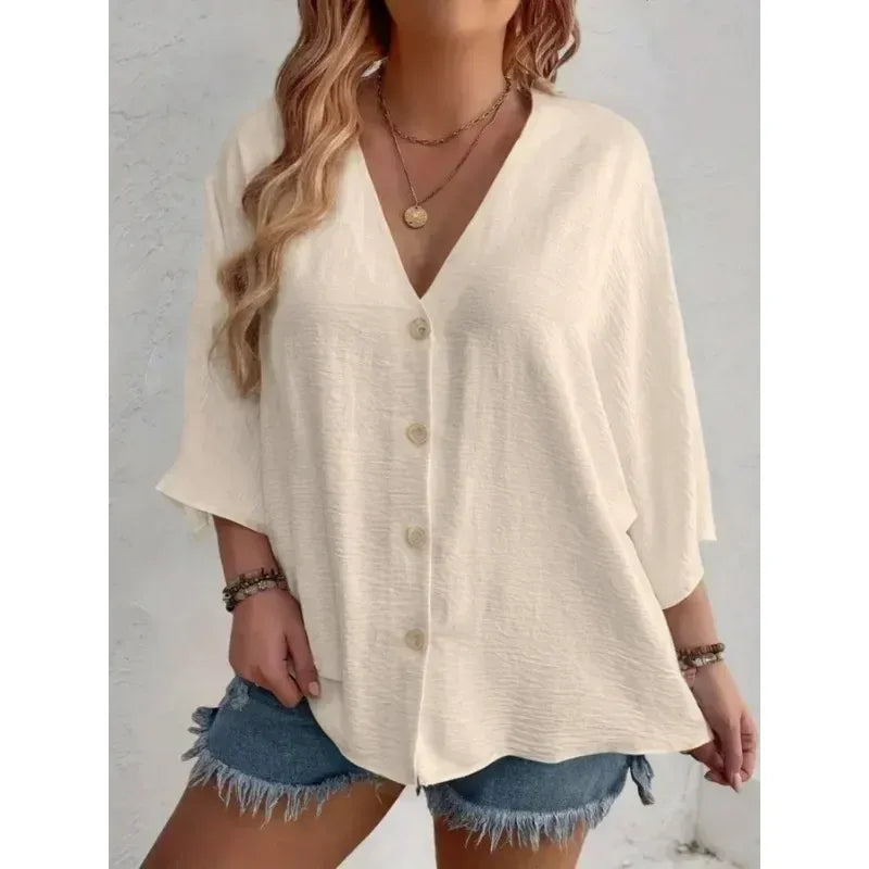 Blouse Boutonnée Ample en Tissu Texturé