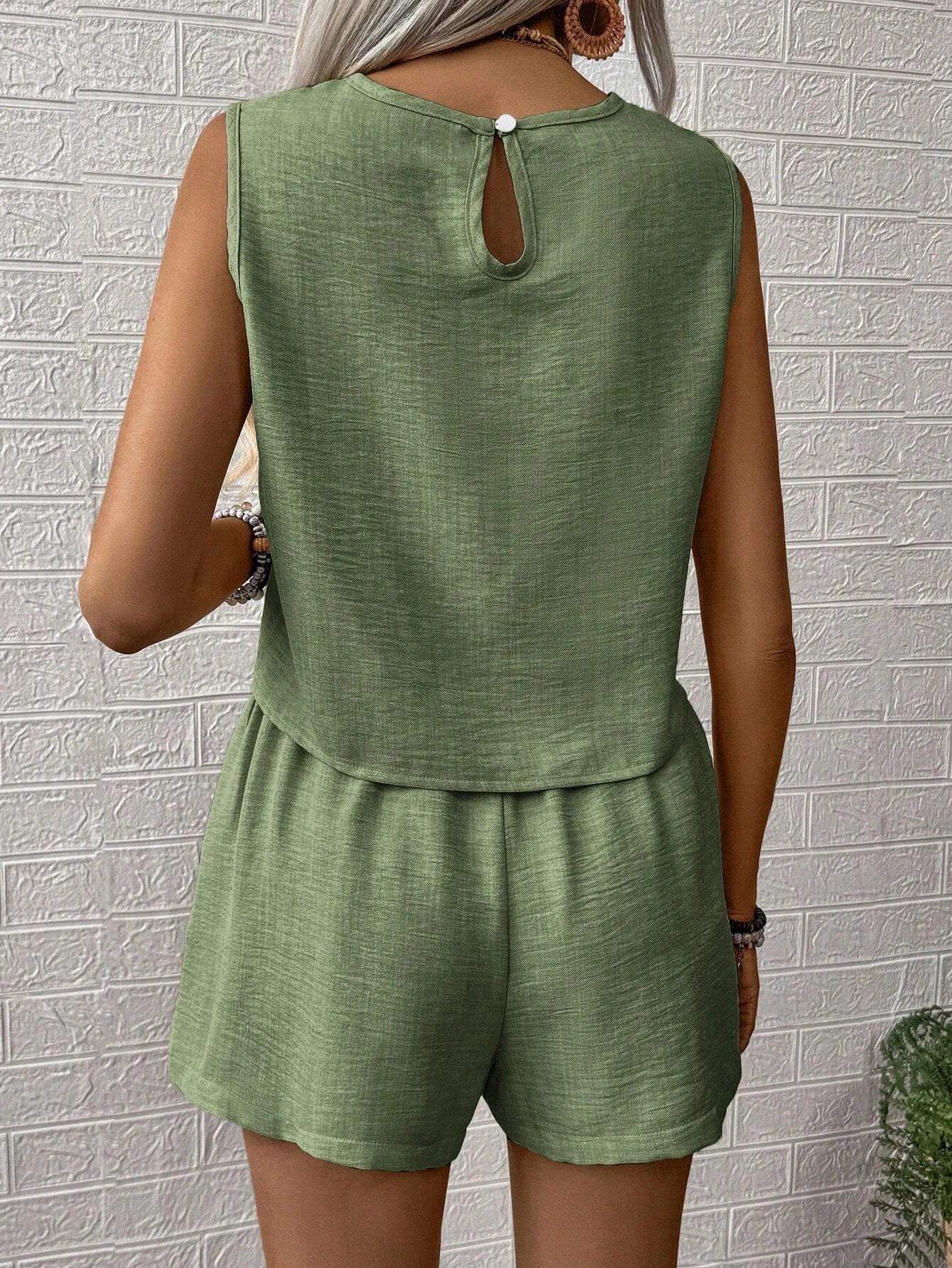 Casual Sleeveless Top + High Waist Shorts Set